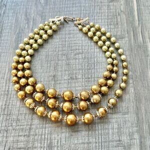 Vintage 1960s Gold/Green Multi-Strand Necklace with Polished Beads